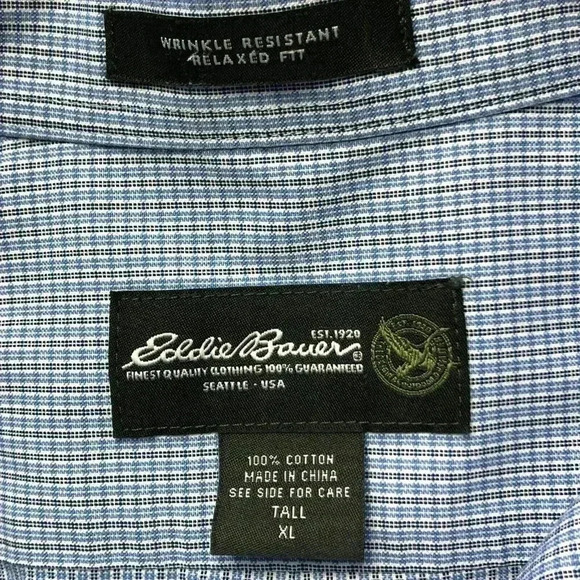 Eddie Bauer mens shirt XL Tall Wrinkle Resistant Relaxed Fit Blue Plaid - Picture 6 of 8